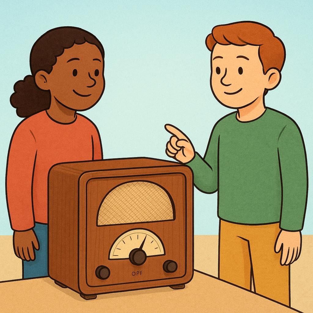 A simple illustration showing two friends standing next to a large, silent vintage radio. They are smiling at each other, indicating the listening event has finished.