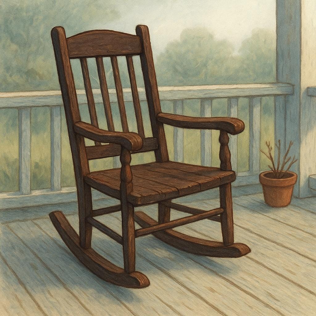 A weathered wooden rocking chair showing signs of age and long use, sitting on a simple porch.