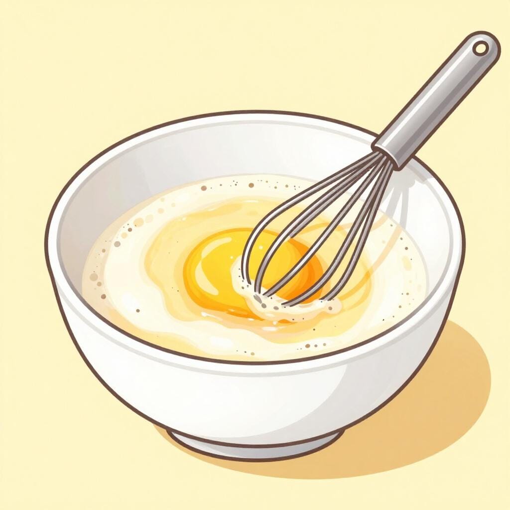 A ceramic bowl containing yellow whisked eggs that are frothy and well-mixed.
