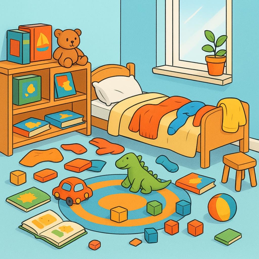 A colorful storybook illustration of a small room in complete disarray, with clothes, books, and household objects scattered everywhere, creating a chaotic mess.