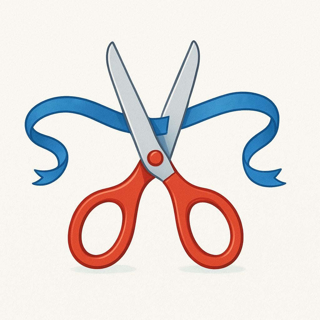 A pair of red scissors cutting a blue ribbon in half.