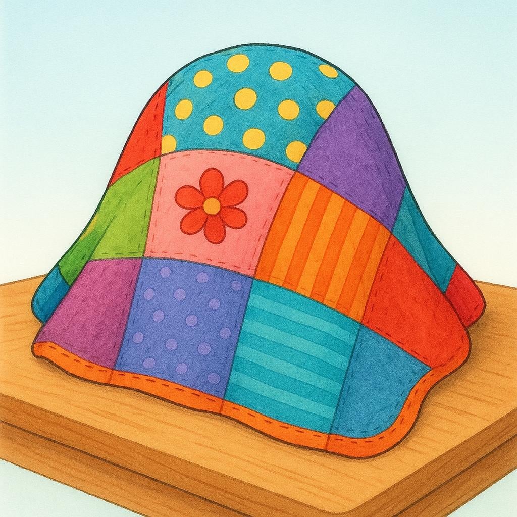 A storybook illustration showing a colorful quilt draped entirely over a small wooden box, hiding it from view.