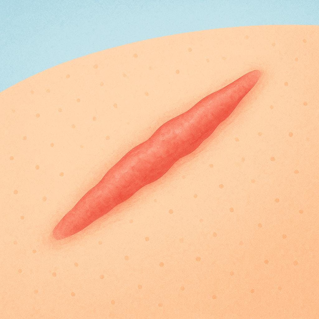A simple illustration of a prominent, raised, reddish scar on light-colored skin, likely on an arm or leg.