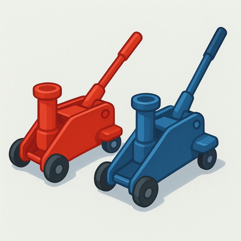 Duas ferramentas mecânicas usadas para levantar, especificamente macacos hidráulicos de carro.