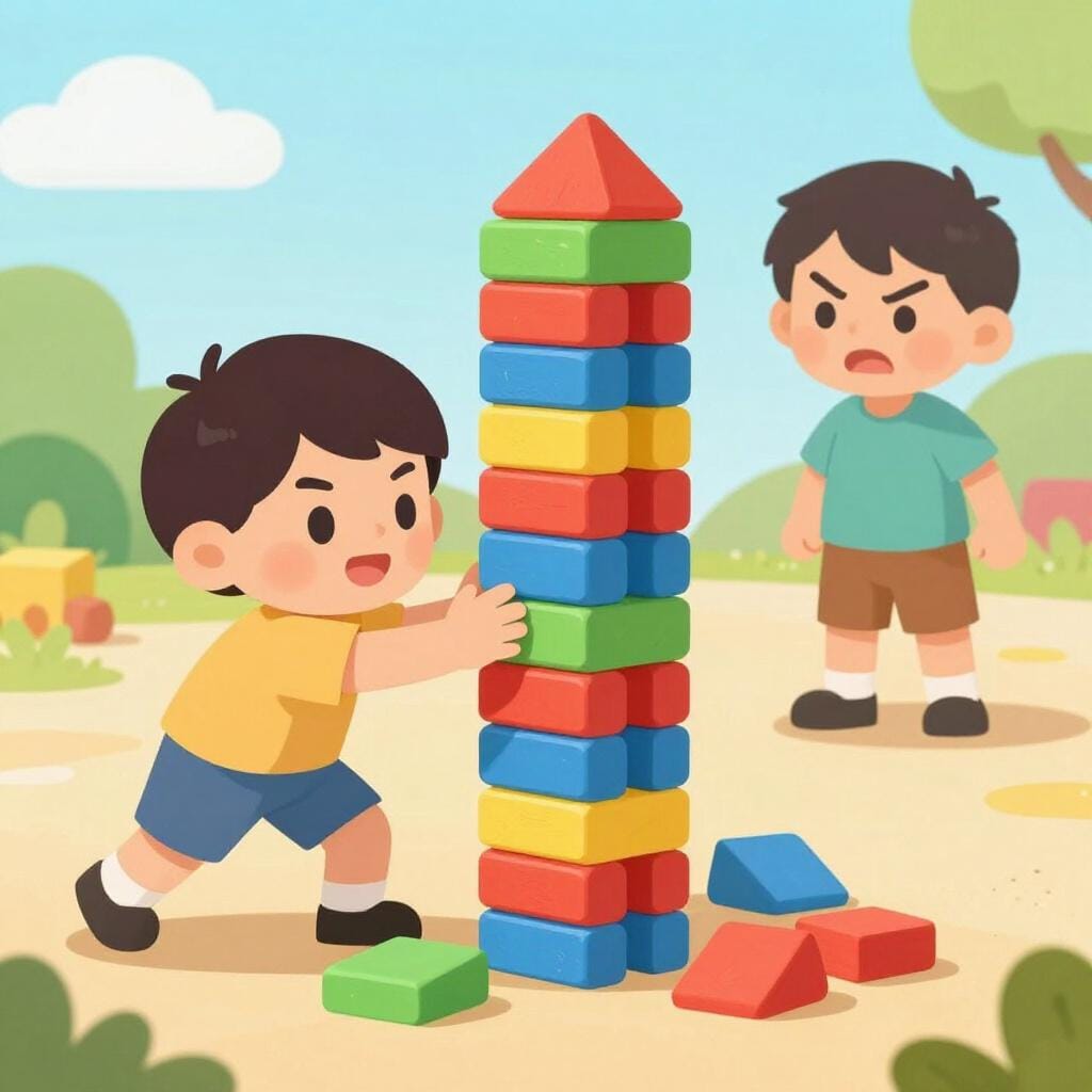A child purposefully knocking over a stack of toy blocks while another child nearby looks upset.