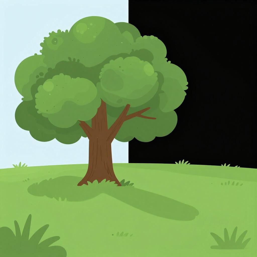 Un arbre vert unique dans un champ où un côté de l'image est lumineux et l'autre côté devient progressivement noir.