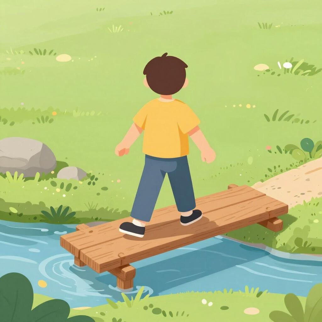 A person carefully testing the stability of a wooden bridge with their foot before crossing a small stream.