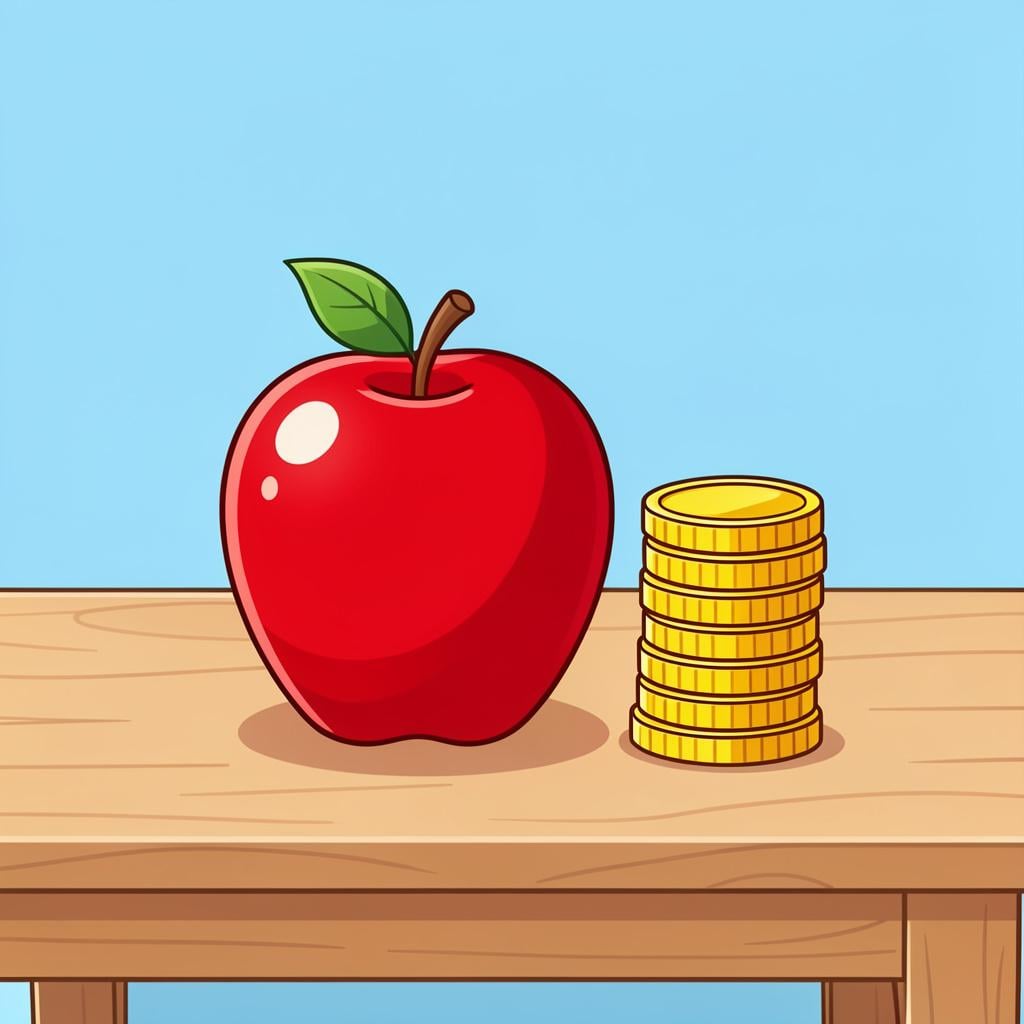 A shiny red apple on a wooden table with a stack of gold coins next to it.
