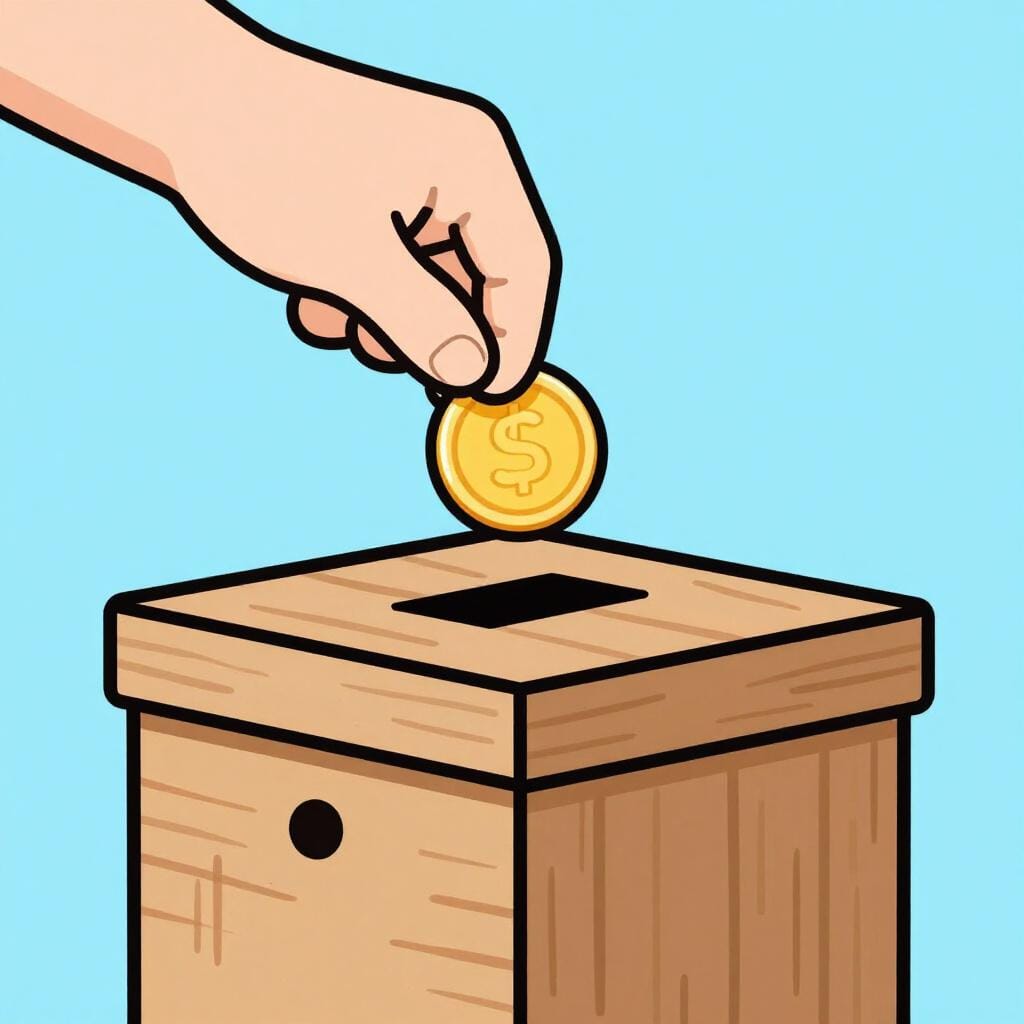 Een cartoonhand die een grote gouden munt in een eenvoudige houten collectebus laat vallen, wat een betaling of vergoeding voorstelt.