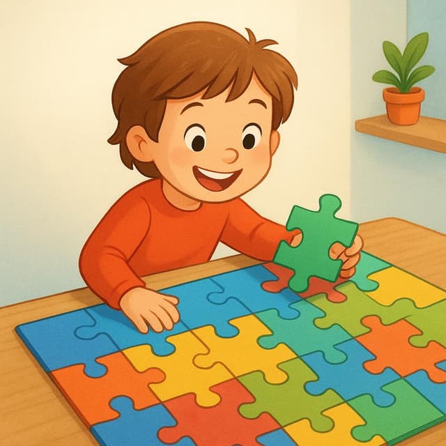 Een kind dat het laatste stukje in een kleurrijke legpuzzel legt en het plaatje compleet maakt.