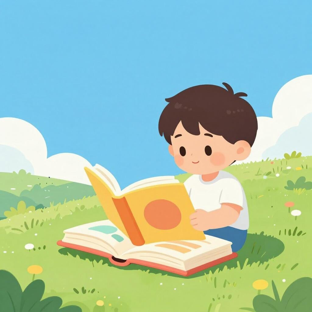 A child sitting on a grassy hill, intently reading a large open book.