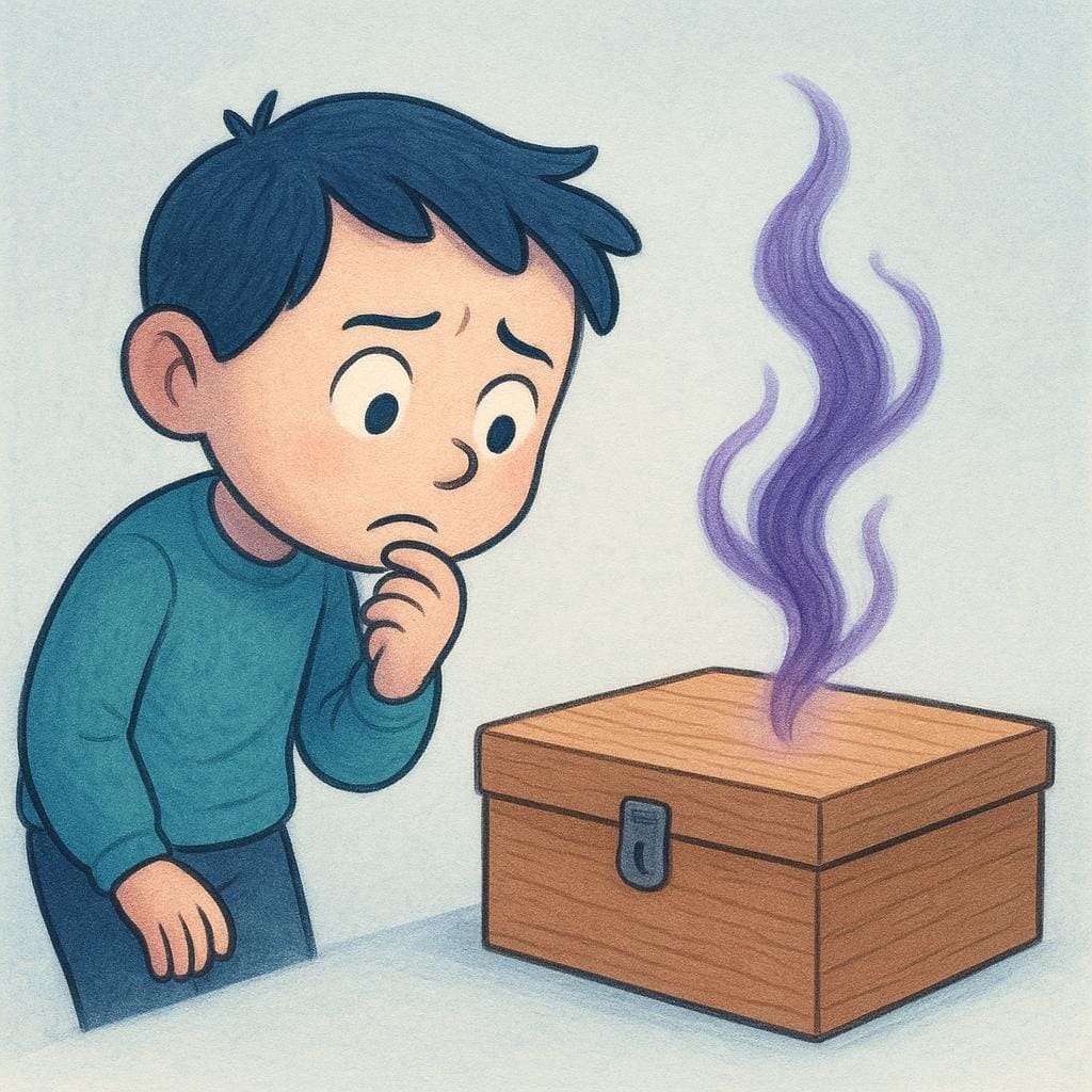 A small figure with a worried expression peering cautiously at a closed wooden box from which a faint wisp of dark, ominous purple smoke is rising.