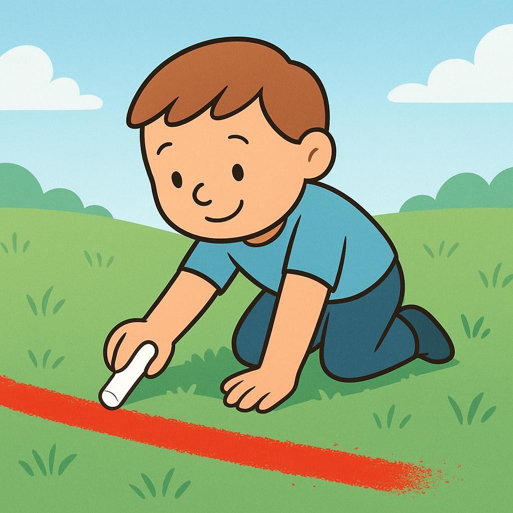 A cartoon figure drawing a bright red chalk line on the ground with a piece of chalk, symbolizing setting a boundary or limit.