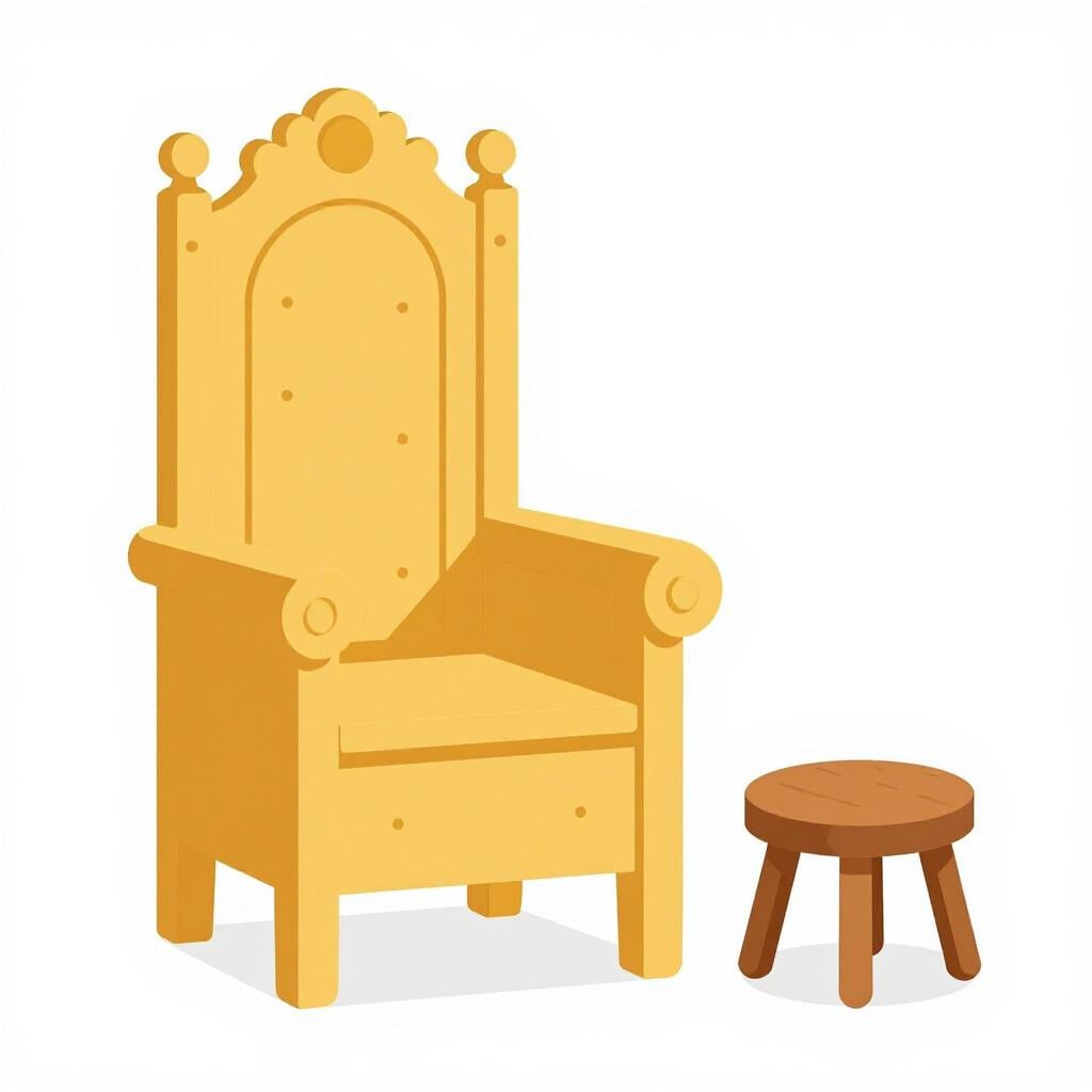One large, ornate golden throne next to a small, simple wooden stool.