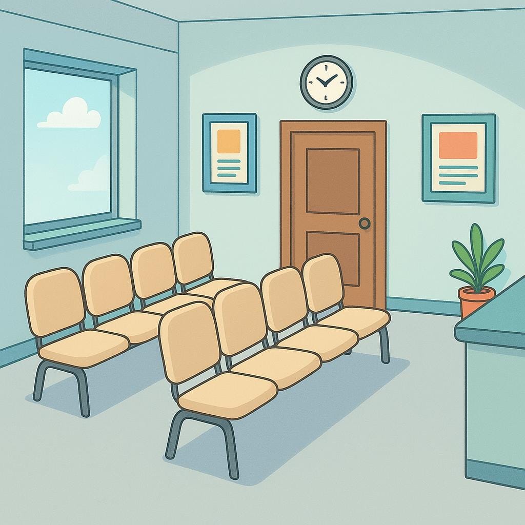 A clean, orderly public waiting room with several rows of connected chairs and a closed door.