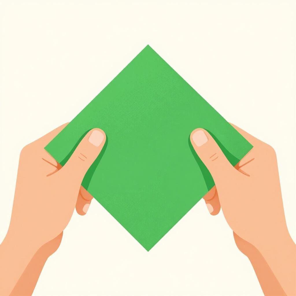 A pair of hands carefully folding a bright piece of paper in half.