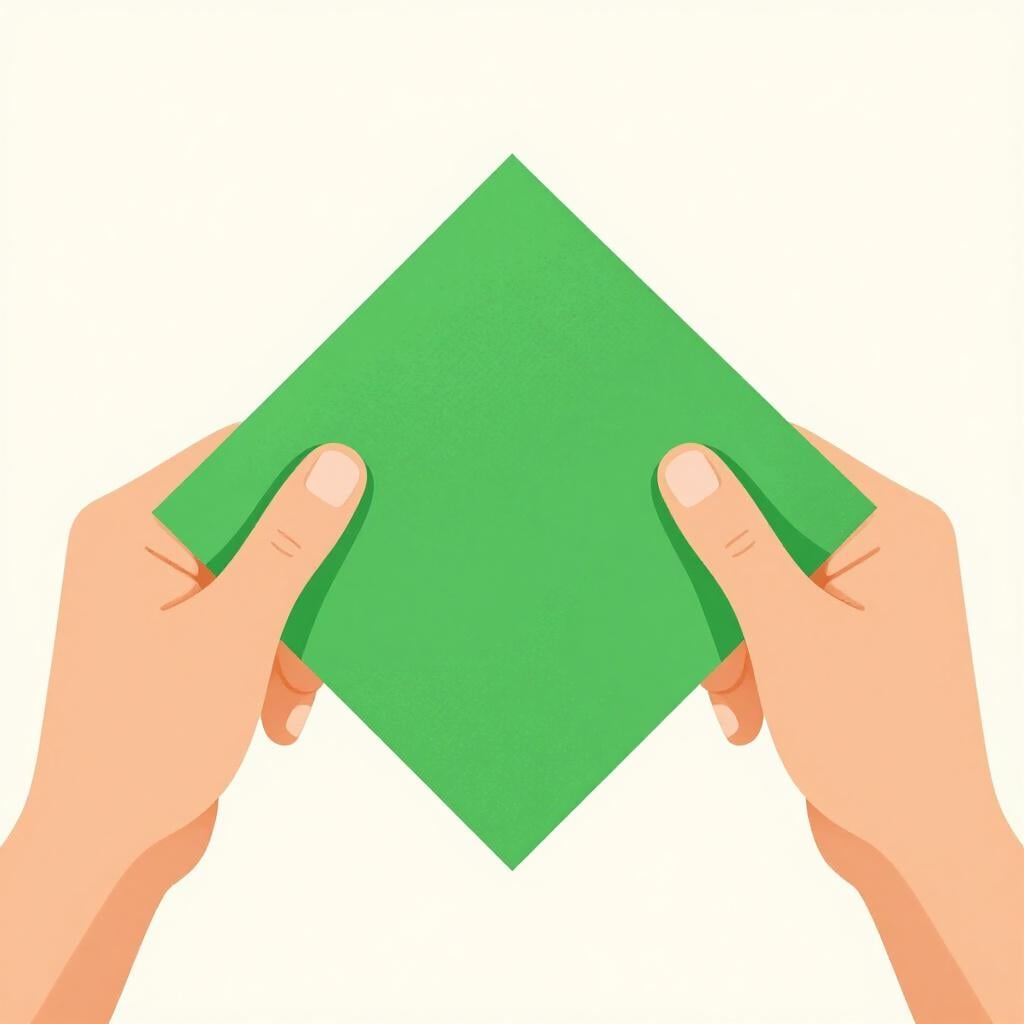 A pair of hands carefully folding a bright piece of paper in half.