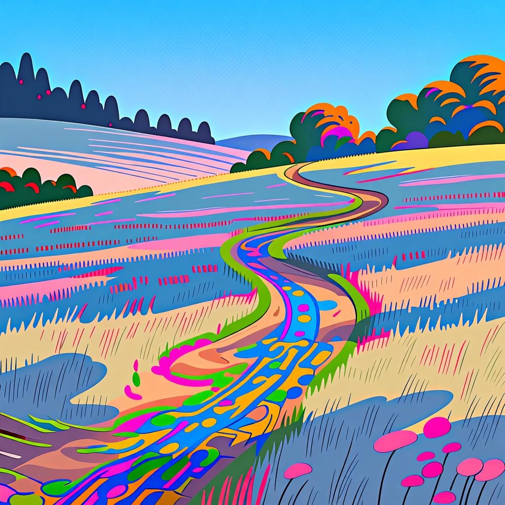 A single, slightly winding dirt path leading through a vibrant green meadow under a clear blue sky.