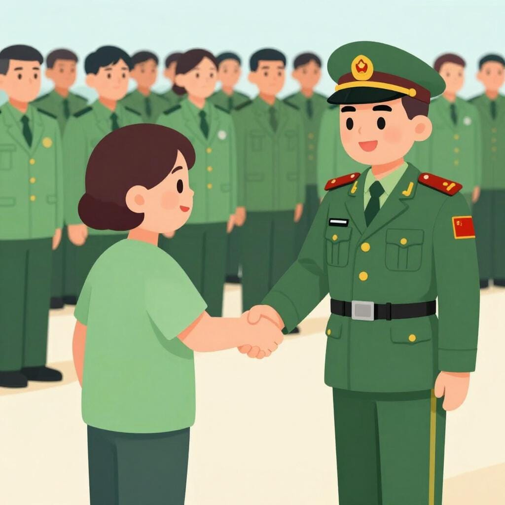 A person shaking hands with a leader in front of a group of people wearing matching uniforms.