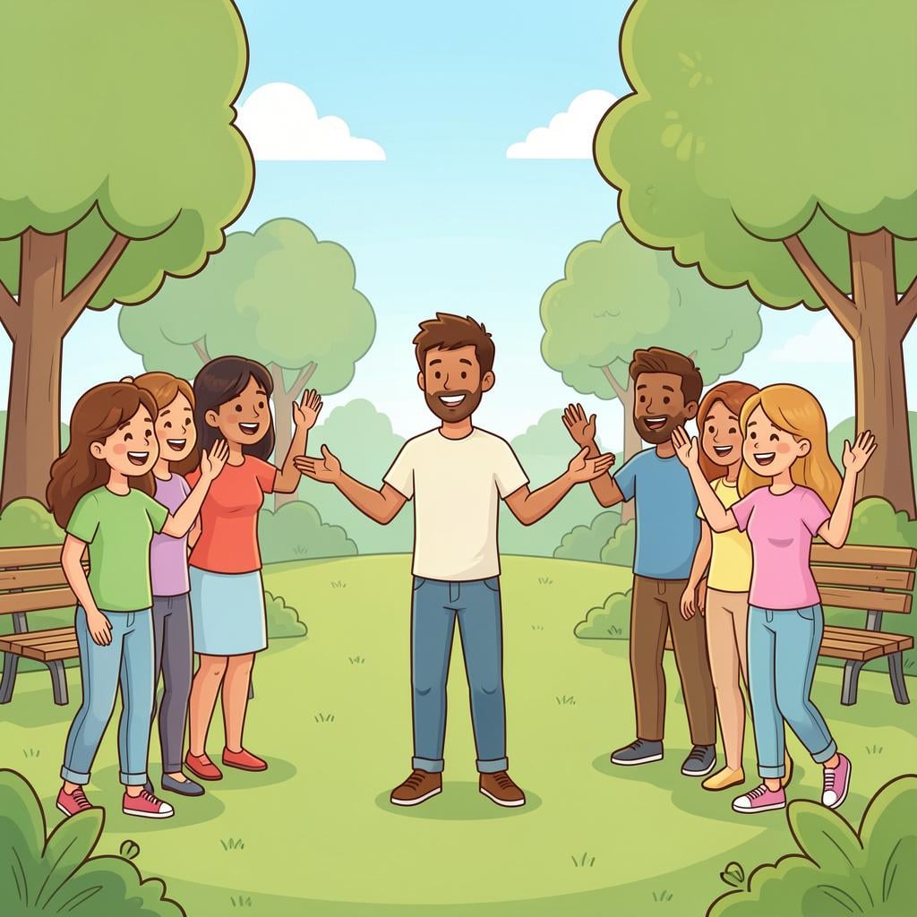 A friendly person standing in the middle, gesturing with open hands toward two different groups of smiling people to introduce them to each other.
