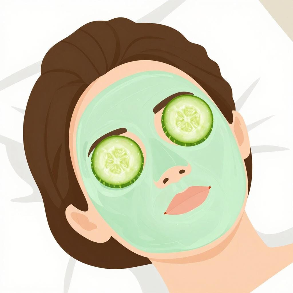 A person relaxing with a green clay mask on their face and cucumber slices over their eyes.