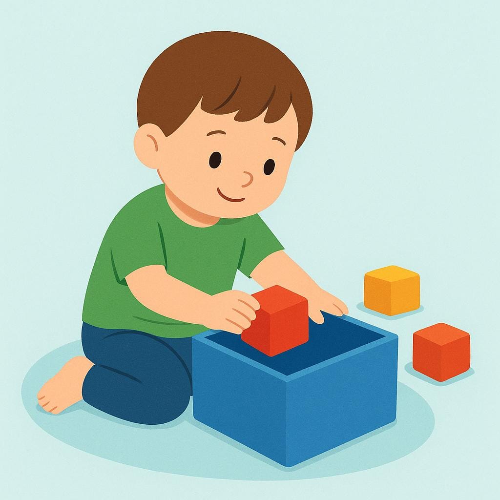 A child is carefully placing a small, red toy block into a larger, open blue box.