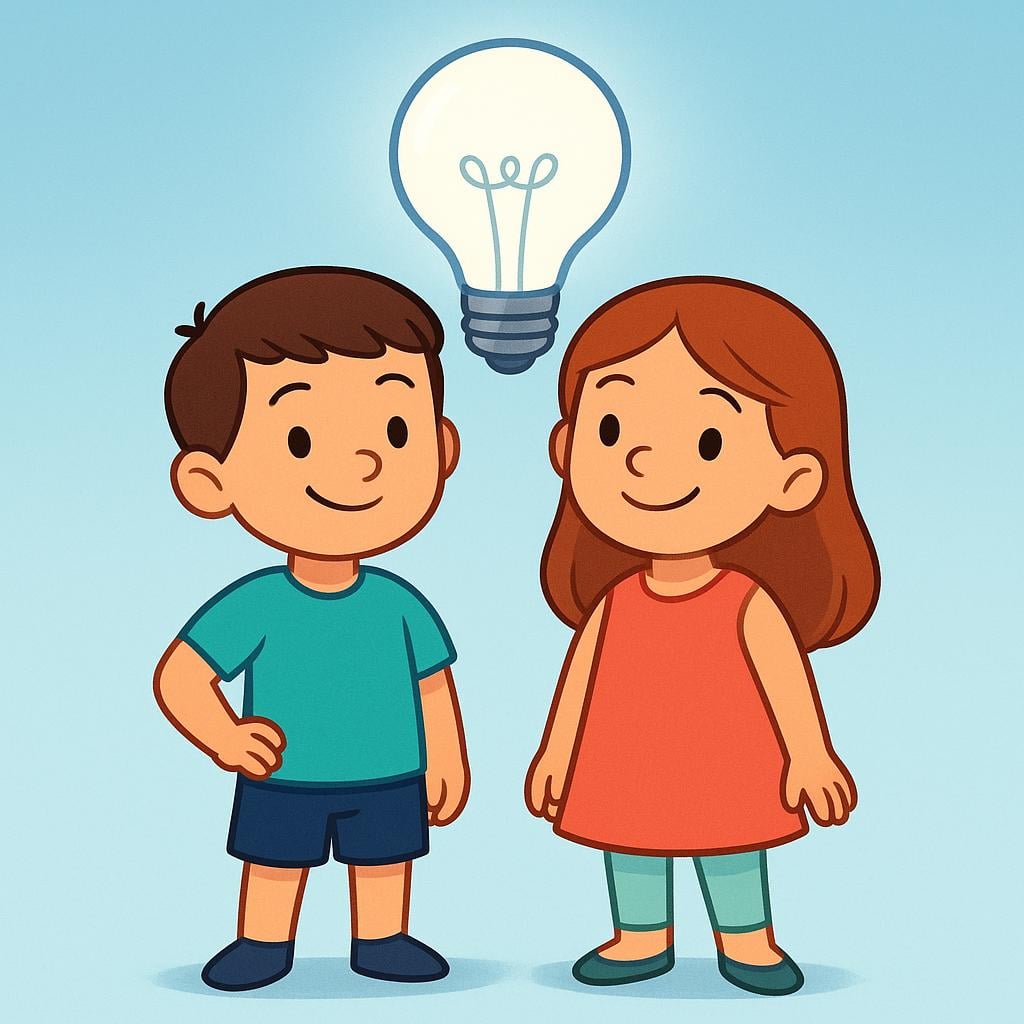 Two simplistic, stylized cartoon figures, a boy and a girl, standing together and smiling knowingly. A single, large, glowing lightbulb hovers directly above the space between their heads, symbolizing shared knowledge.