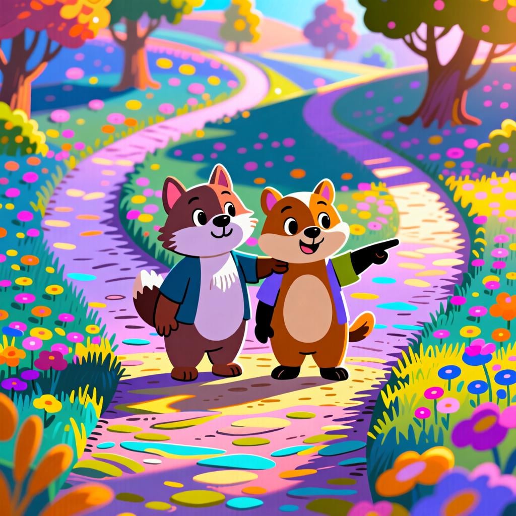 Two animal friends considering a choice, with one kindly suggesting the preferable route.