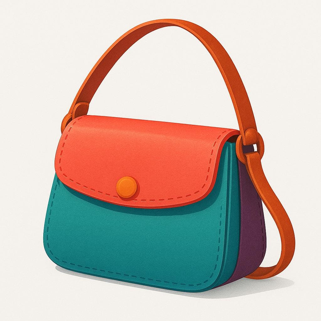A brightly colored leather handbag with a strap and a simple clasp resting on a flat surface.