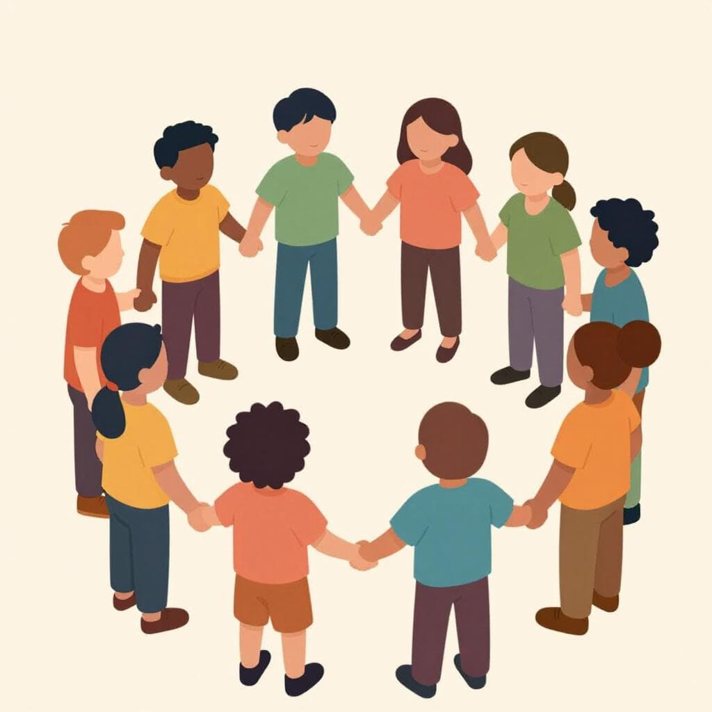 Een groep diverse mensen in shirts in verschillende kleuren die in een cirkel staan en elkaars handen vasthouden om een sterke alliantie te tonen.