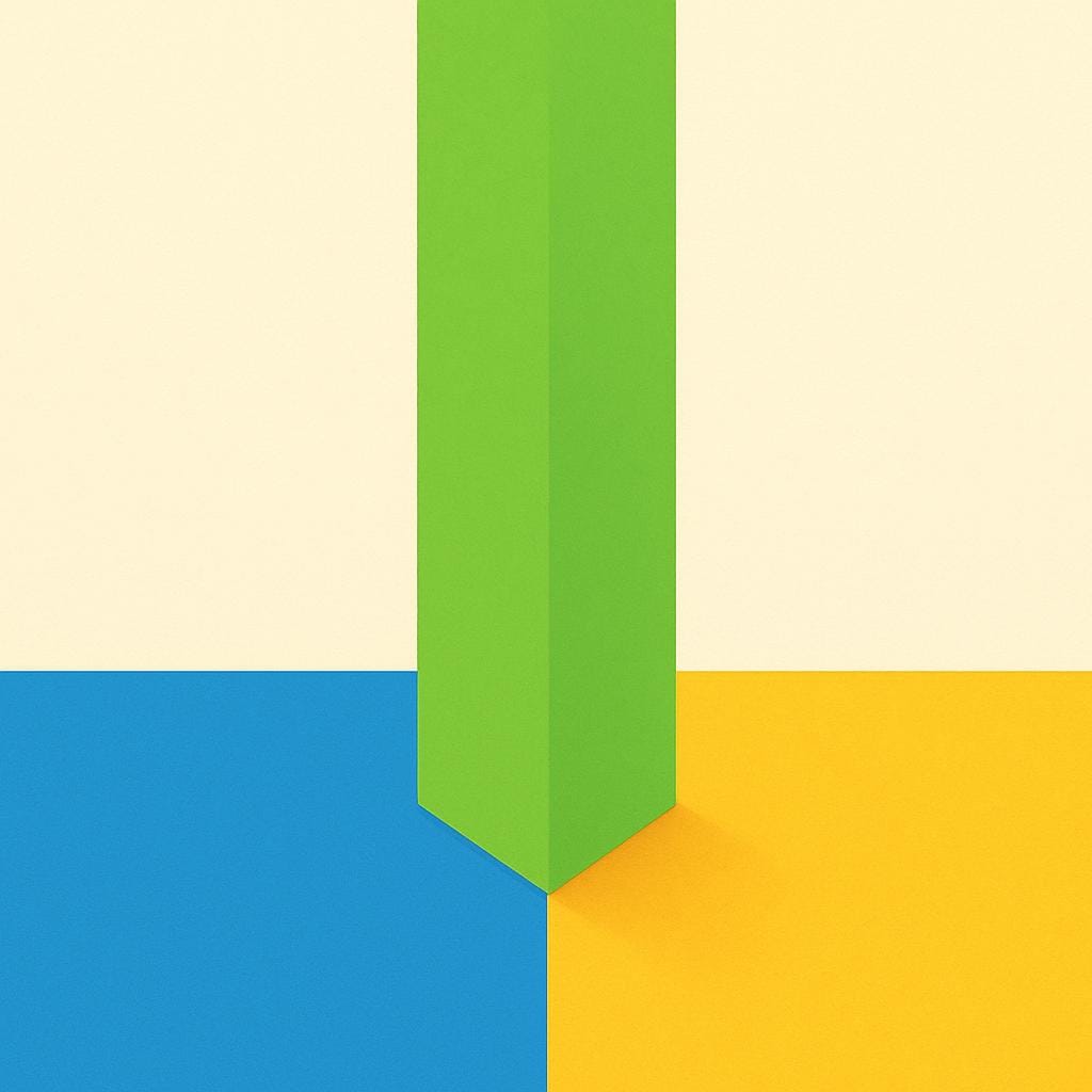 A simple storybook illustration showing a bright red interior wall dividing a room. The floor on one side is blue, and the floor on the other side is yellow, emphasizing the division of space.