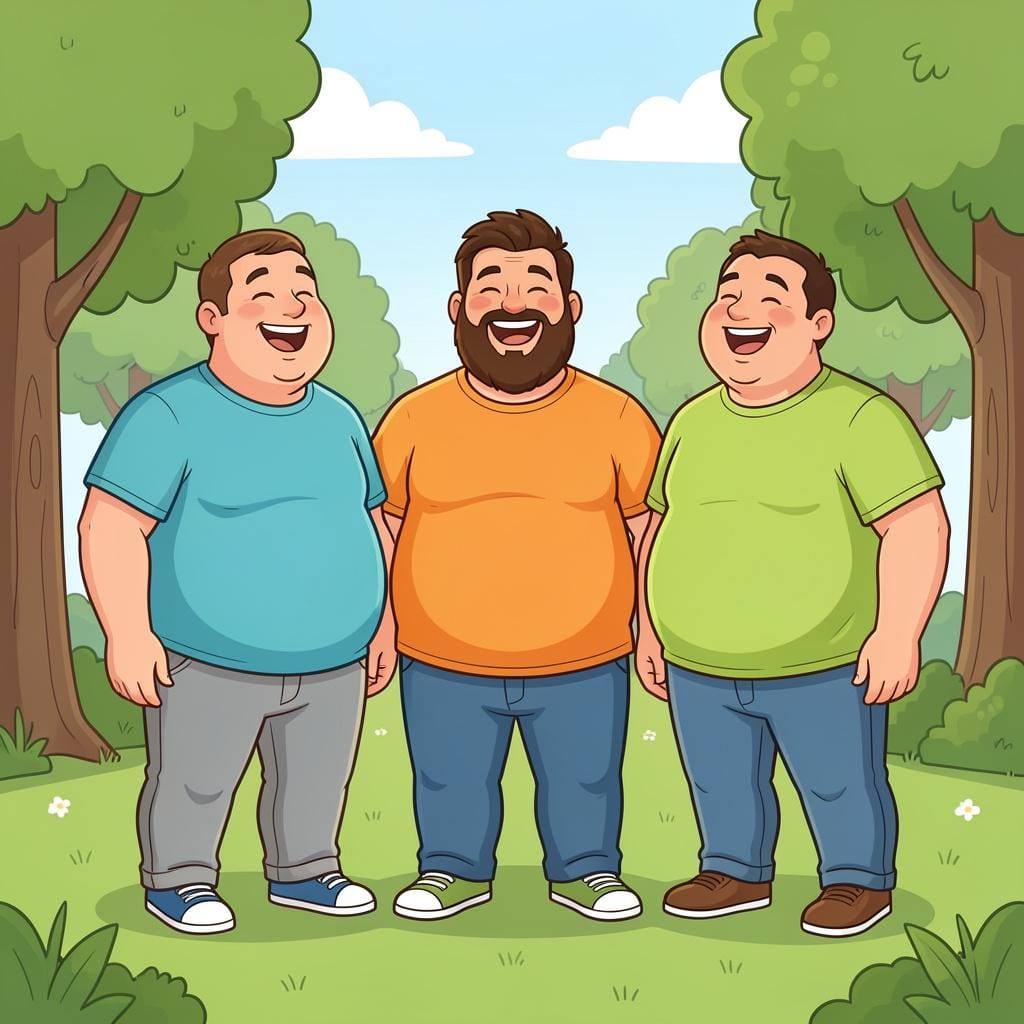 A group of three large, happy men standing together in a park.