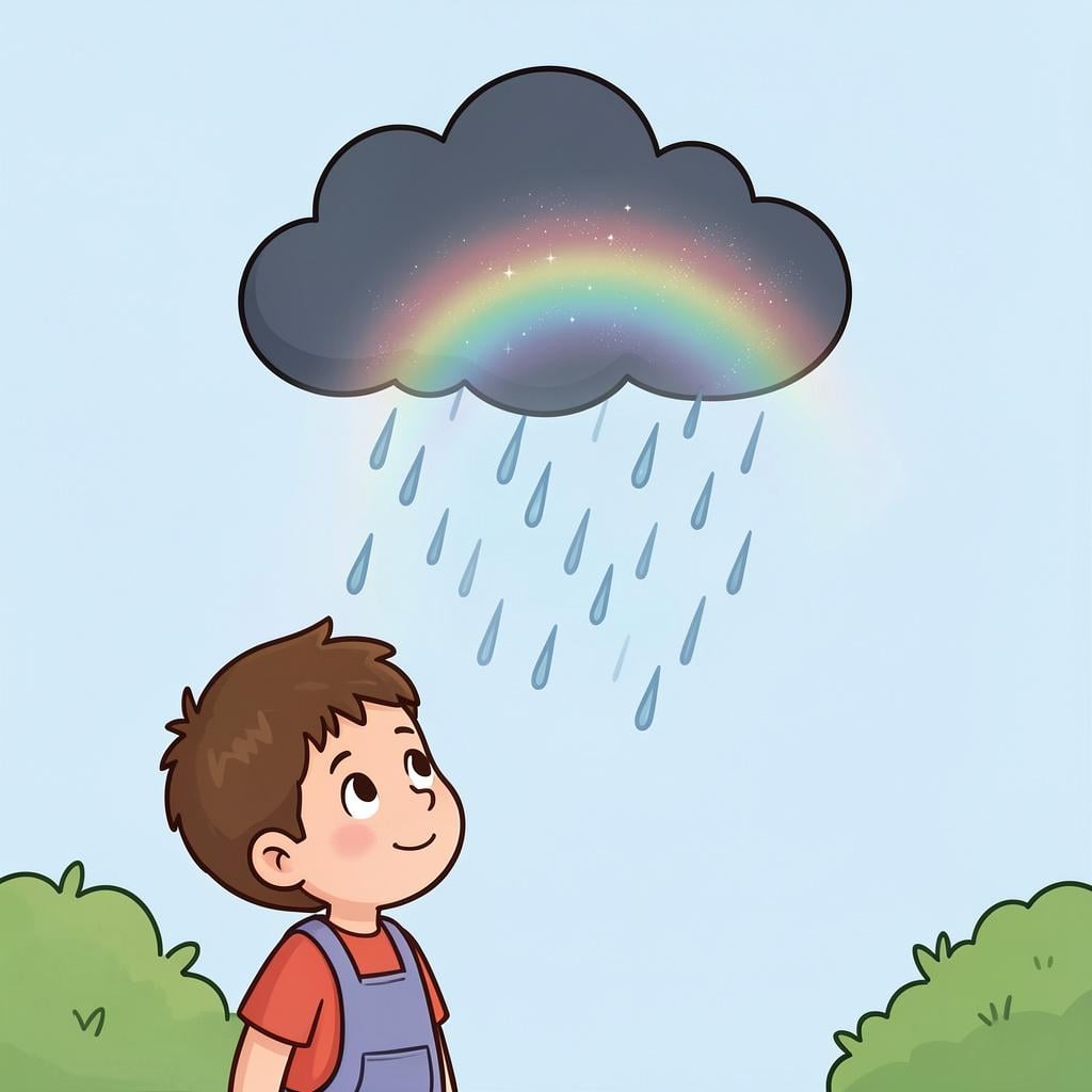 A child looking at a dark rain cloud and imagining a bright rainbow appearing through it.