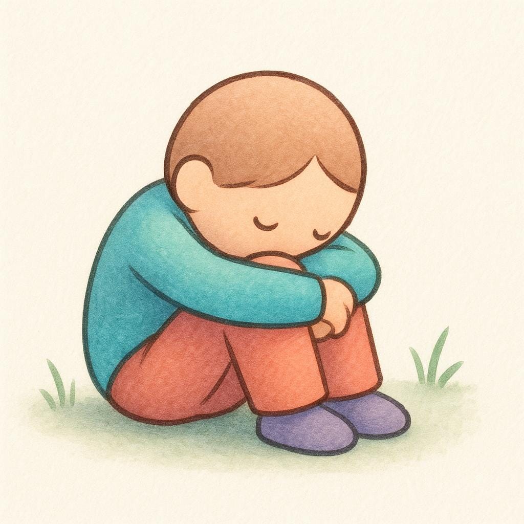 A small, cartoonish figure sitting slumped on the ground with their head resting on their knees, indicating extreme tiredness or exhaustion.