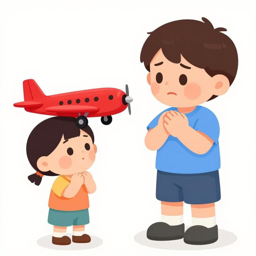 A child looking longingly at another child's colorful toy airplane.