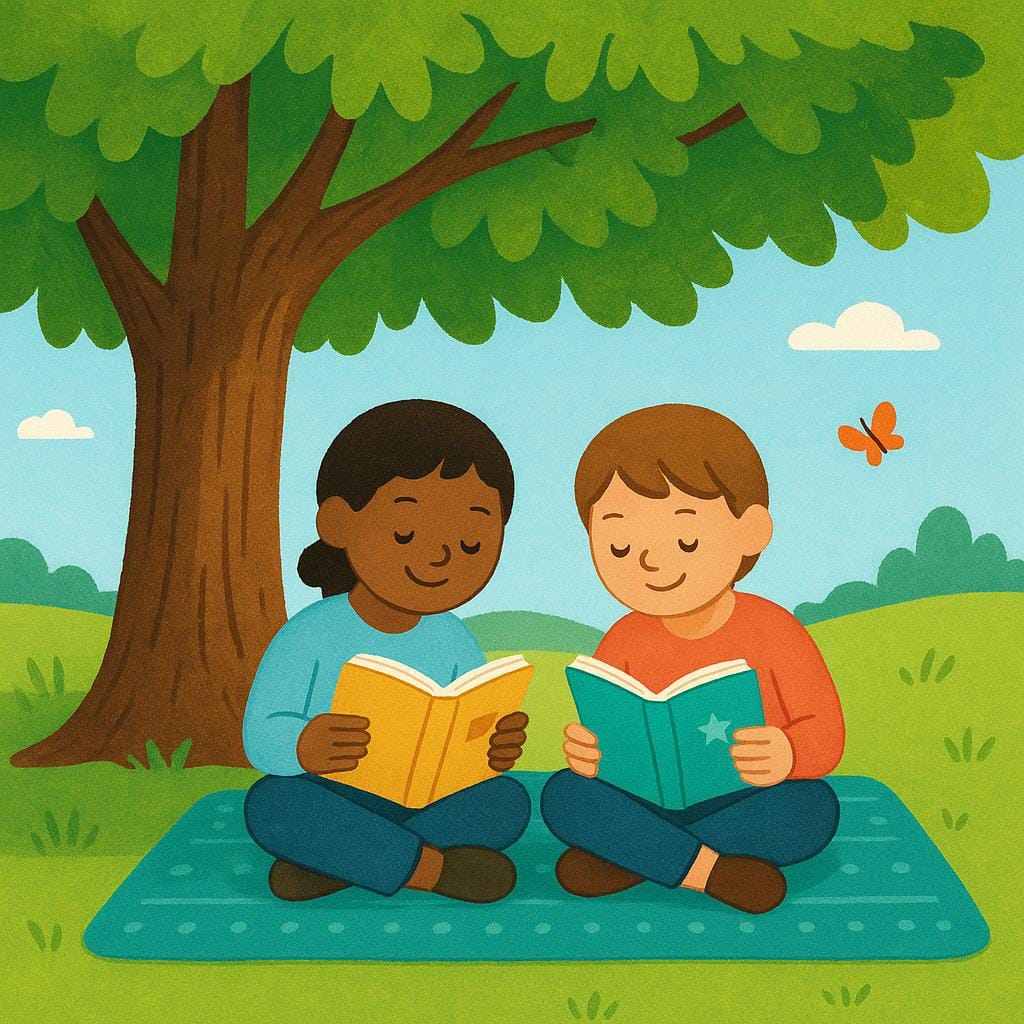Dois amigos simplificados sentados em uma toalha sob uma grande árvore de carvalho, lendo livros juntos, representando tempo gasto.