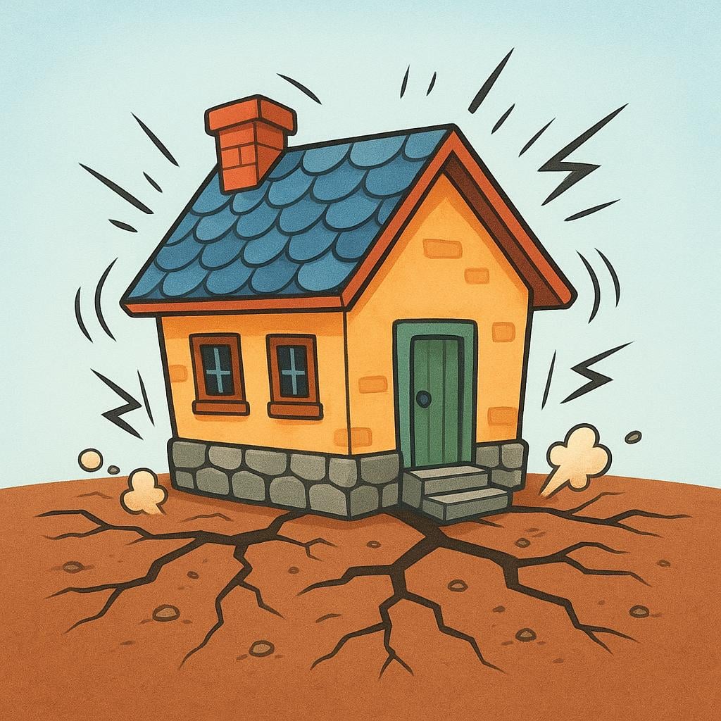 A colorful illustration showing a small house tilting violently as the ground beneath it cracks open due to an earthquake.