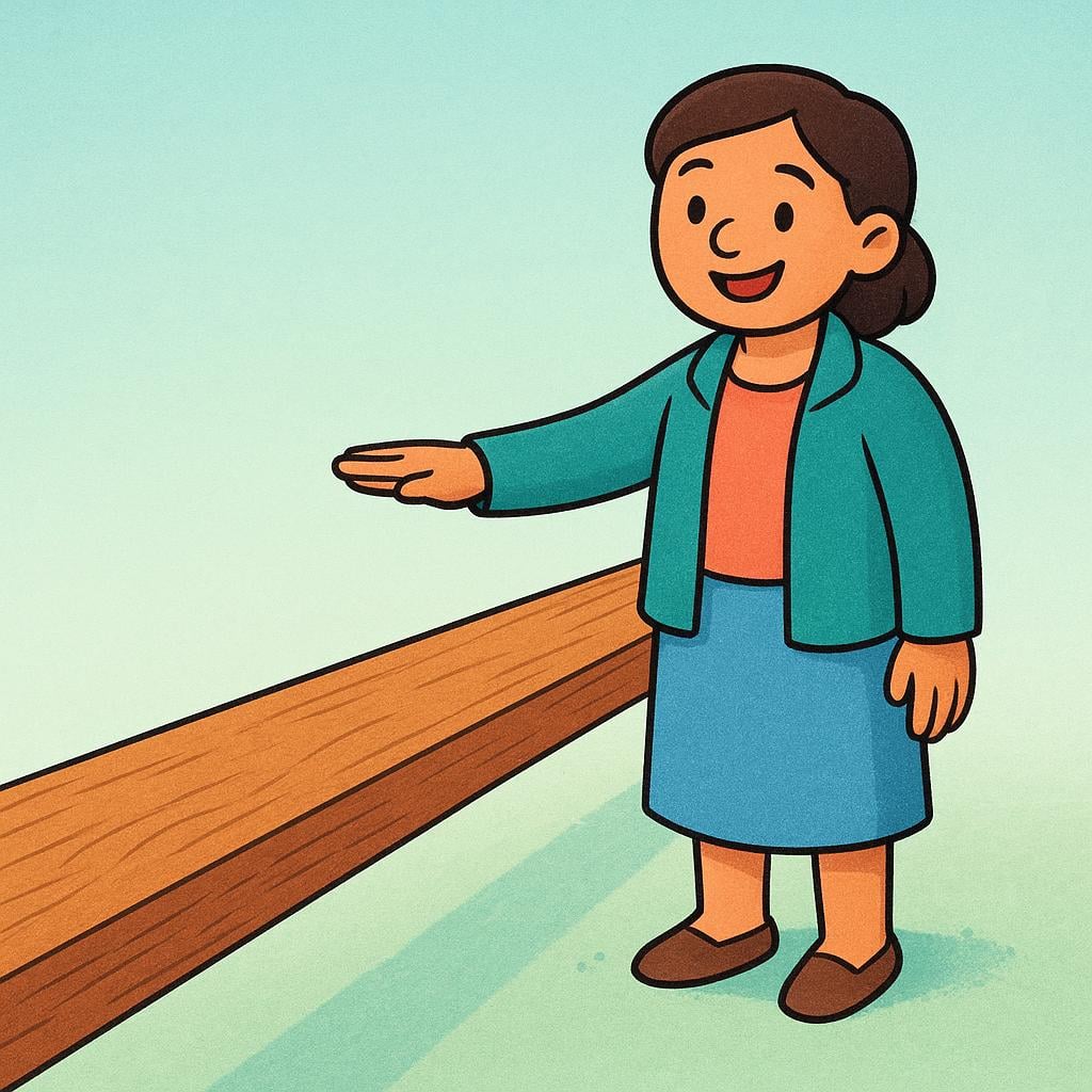 A cheerful person standing next to a long wooden plank, using their outstretched hand to roughly measure its length.