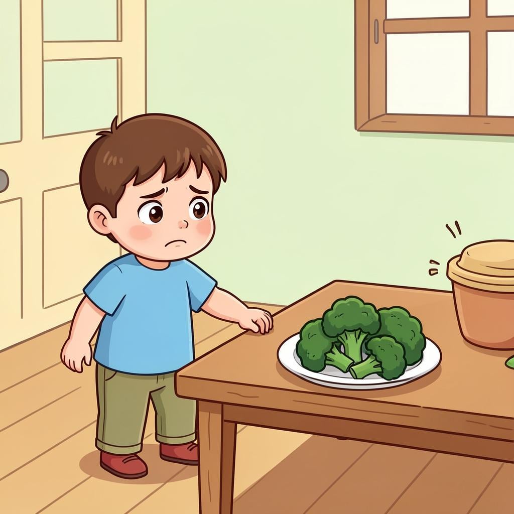 A small child being gently pulled by the hand toward a plate of vegetables.