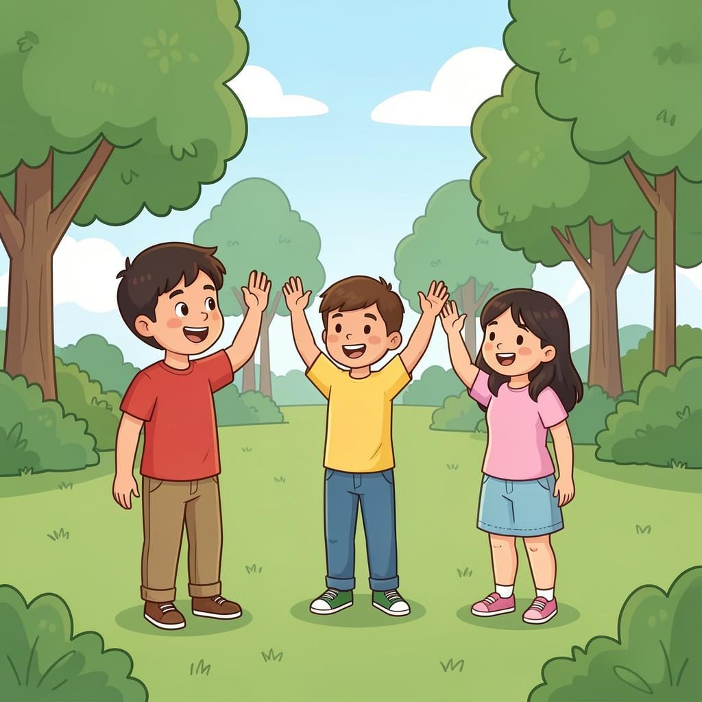 A person looking through binoculars at a group of friends waving in the distance.