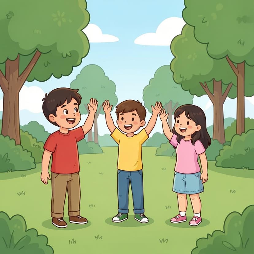 A person looking through binoculars at a group of friends waving in the distance.