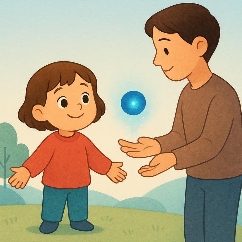 A colorful storybook illustration showing a small stylized child confidently receiving a small glowing blue orb (representing an idea or statement) from an adult character. The child is smiling in acceptance.