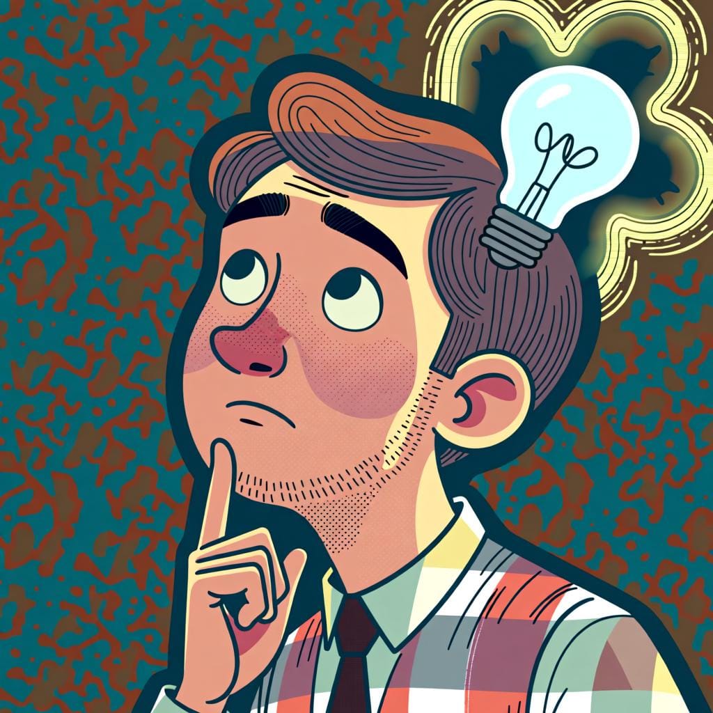 A person tapping their chin thoughtfully, with a glowing lightbulb icon near their head, representing an idea.
