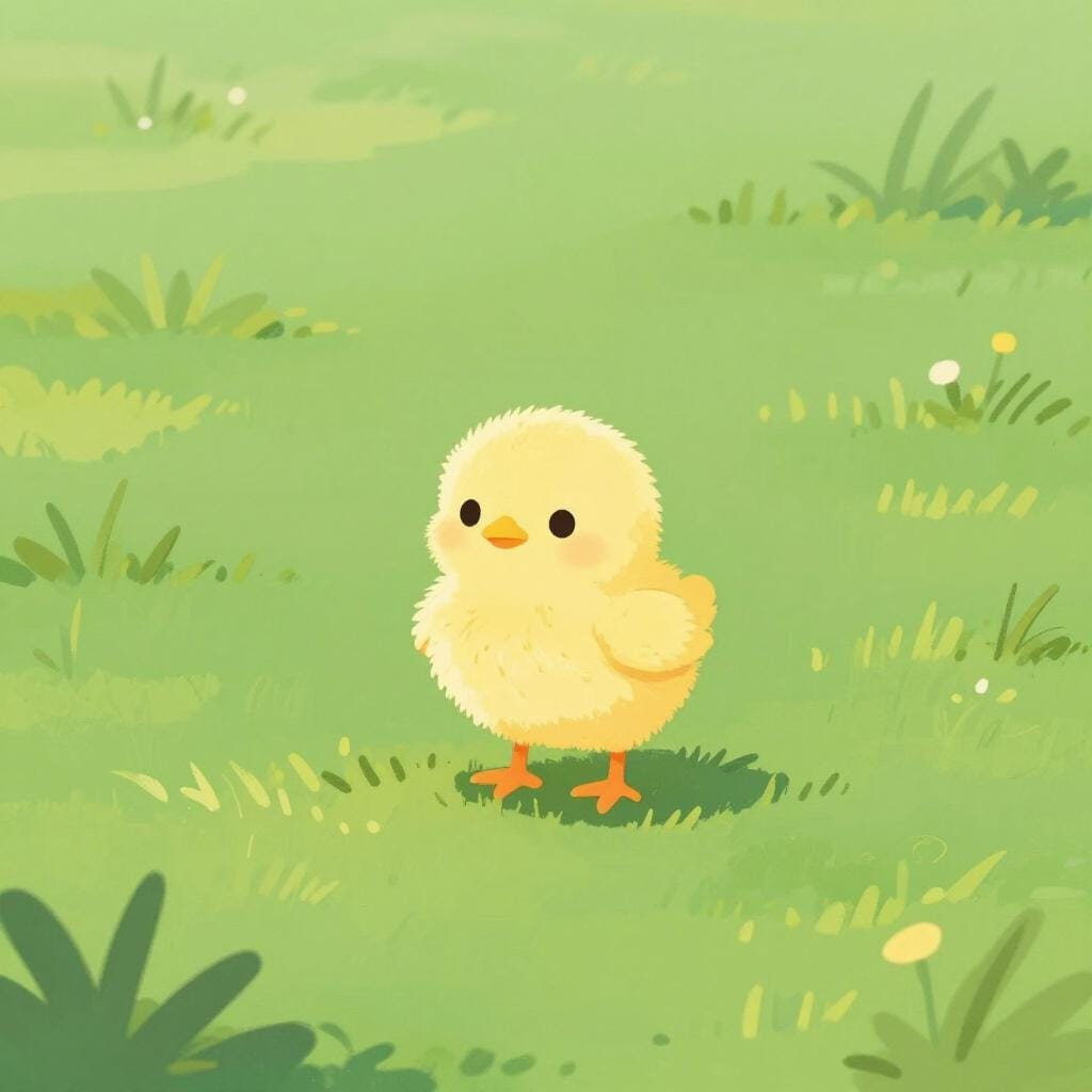 A tiny, fluffy yellow chick standing alone in a large green field.