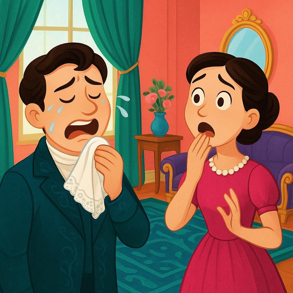 Two highly stylized characters engaged in an exaggerated dramatic confrontation in a richly decorated room, symbolizing a soap opera scene.