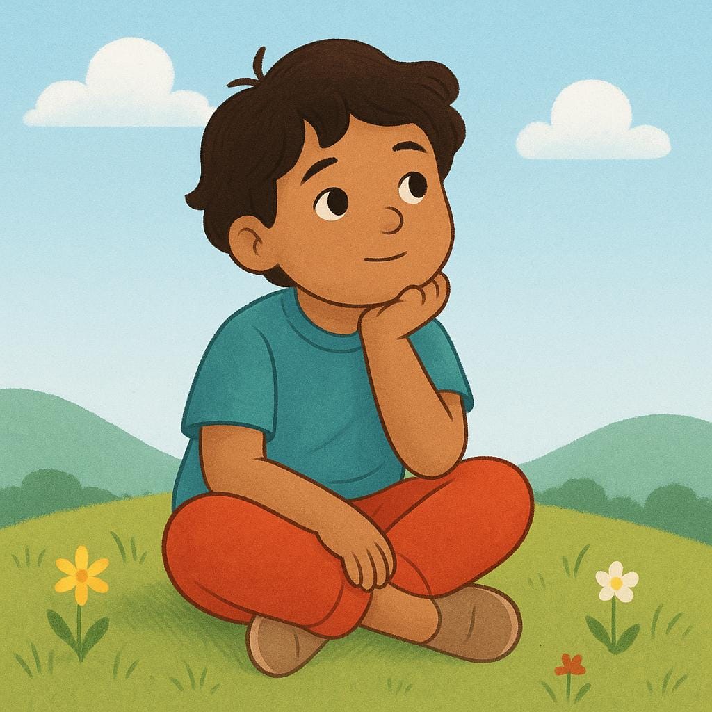 A child sitting cross-legged on a grassy hill, resting their chin on their hand, looking thoughtfully into the distance.