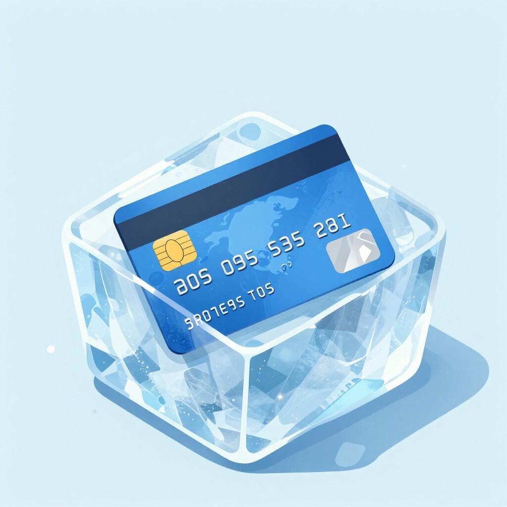 Eine leuchtend blaue Kreditkarte, eingeschlossen in einem massiven, durchscheinenden Eisblock.