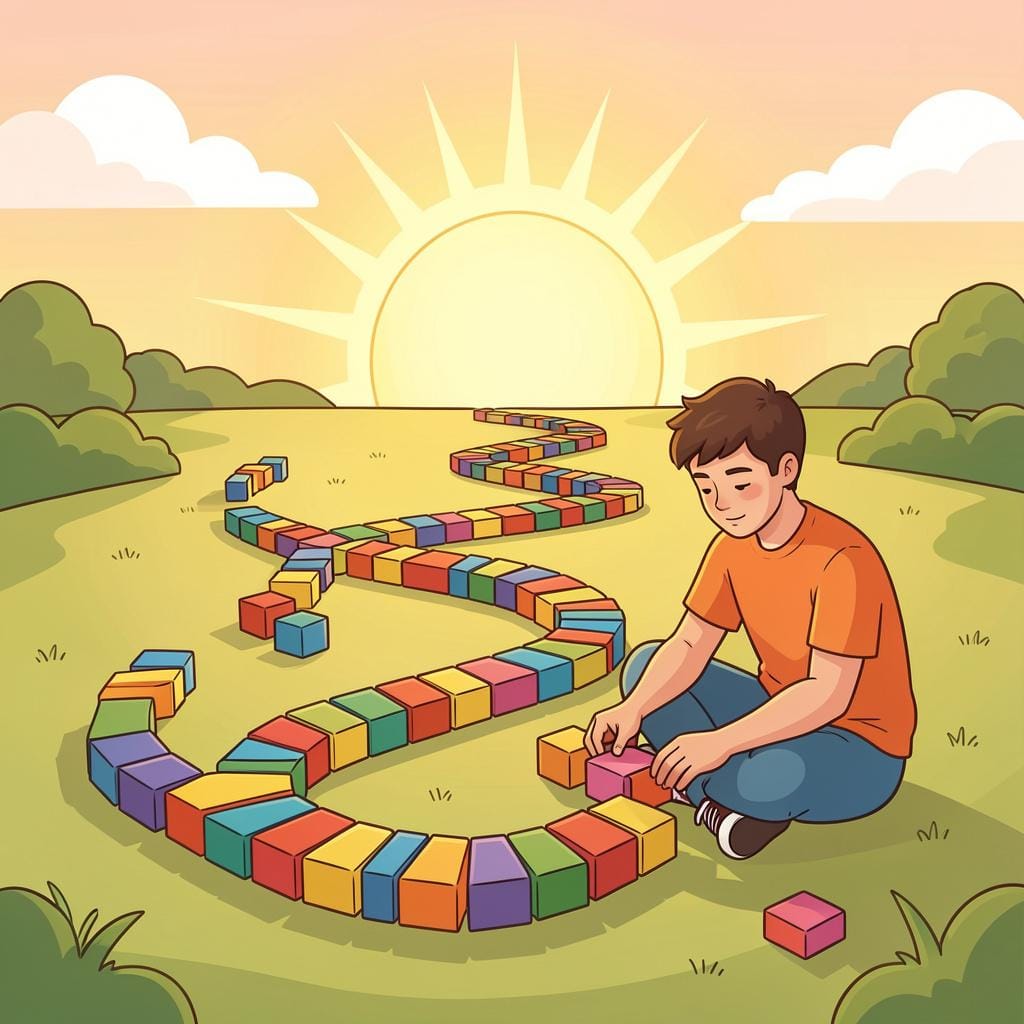 A person carefully placing a small wooden piece onto a complex path or bridge they are building.