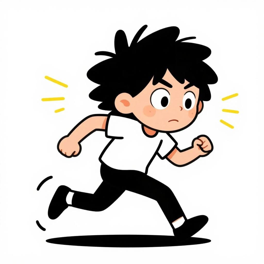 目が大きく、髪が乱れた人が、神経質なエネルギーを示すギザギザの線に囲まれて歩き回っている。