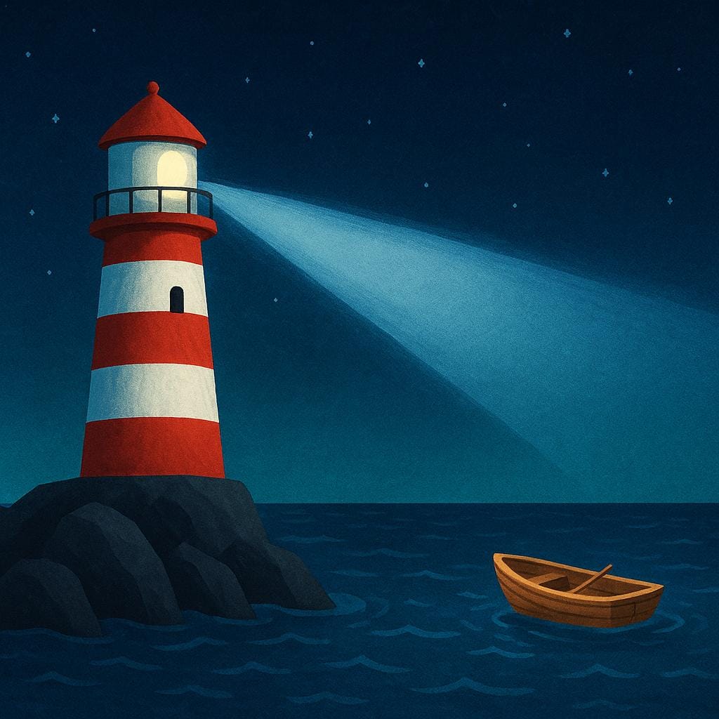 A bright white lighthouse standing firmly on a rocky coast, shining a powerful yellow beam of light onto a small boat navigating dark waters, illustrating a guiding principle.